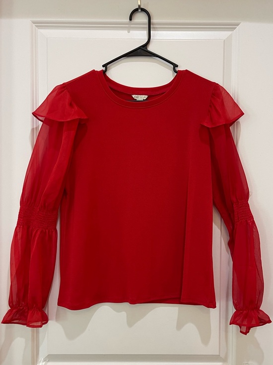 Cato Tops - Cato Red Sheer Long Sleeve Ruffle Shoulder Smocked Cuff Blouse Top M
